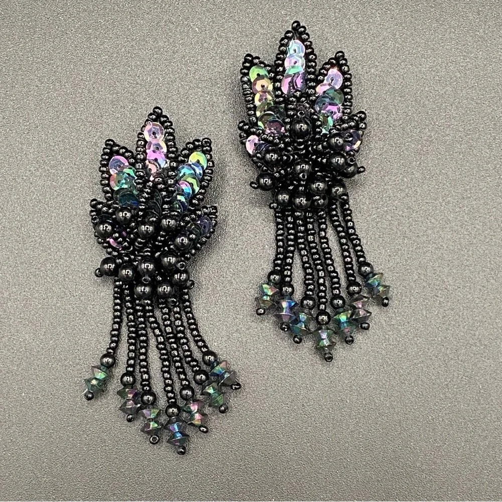 Glam Tassel Fringe Earrings with AB Sequins and Beaded 1920s Flapper Style